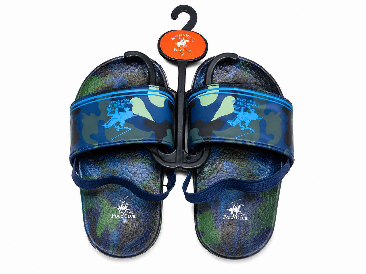 Sandalias infantiles con estampado camuflado color azul y verde talla 7.