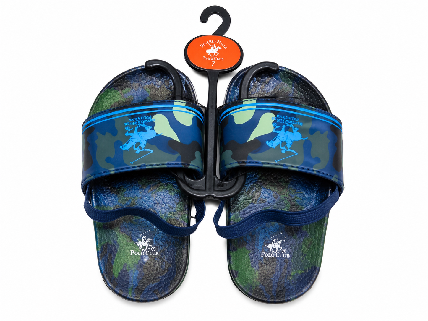 Sandalias infantiles con estampado camuflado color azul y verde talla 7.