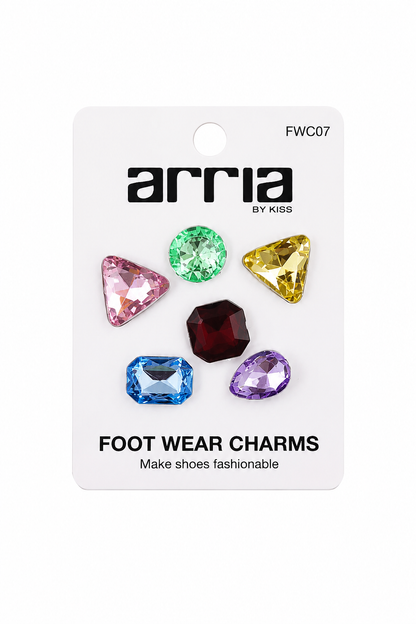 Set de 6 dijes decorativos multicolor con diseño de piedras facetadas para calzado.