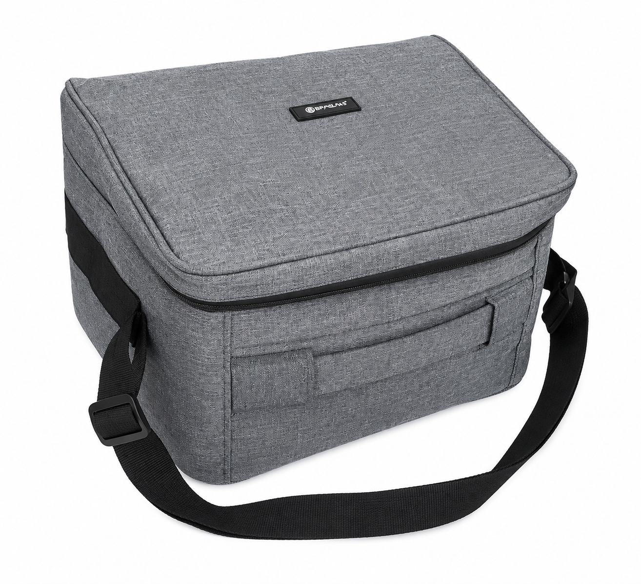 Bolso organizador térmico multifuncional gris con correa ajustable para transporte.
