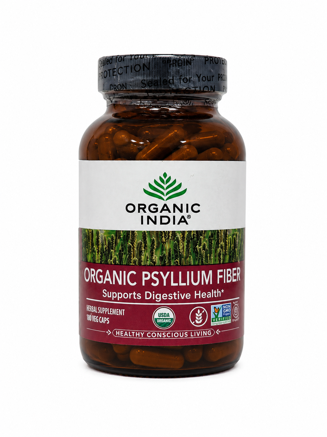Fibra de Psyllium Orgánica en Cápsulas Vegetales 180 Unidades.
