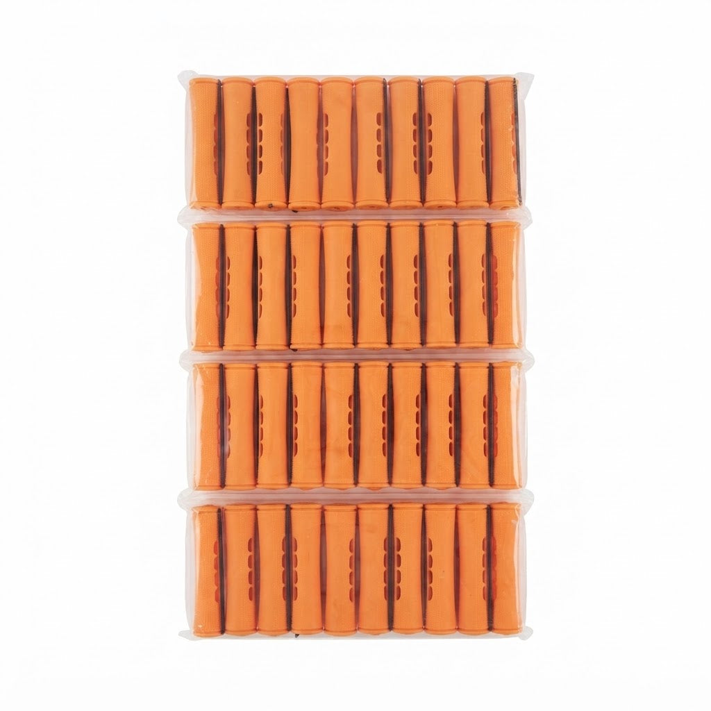 Pack de 40 rulos de plástico naranja para permanente en frío, utilizados para rizar el cabello sin necesidad de calor.