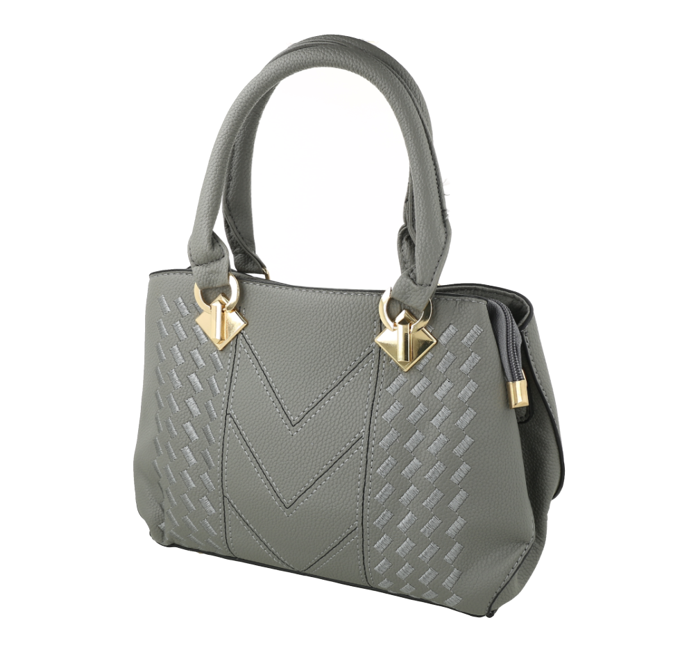 Bolso de mano gris de cuero sintético con detalles de textura tejida y herrajes dorados.