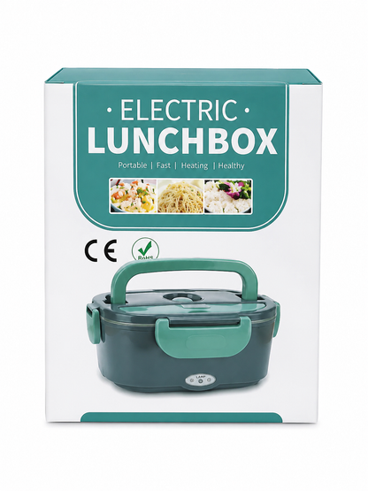 Lonchera eléctrica portátil para calentar alimentos con asa de transporte.