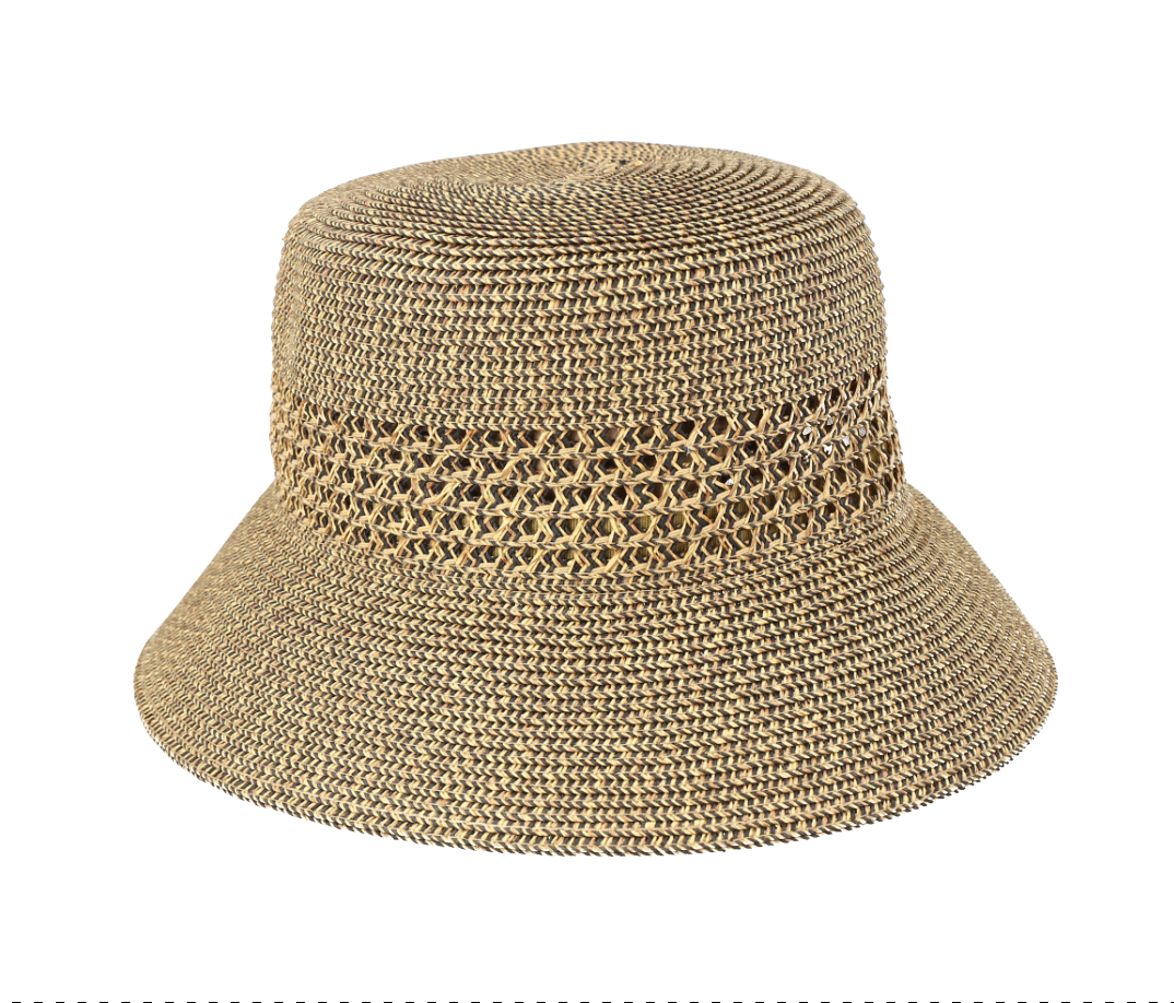 Sombrero estilo pescador tejido en fibra natural beige.