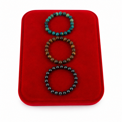 Set de 3 Pulseras Elásticas de Cuentas Naturales en Tonos Turquesa, Ojo de Tigre y Negro.