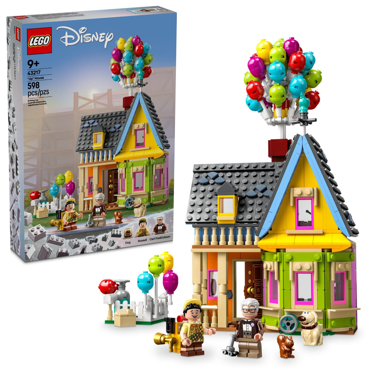 Set de construcción de casa inspirada en película animada con globos y figuras, 598 piezas.