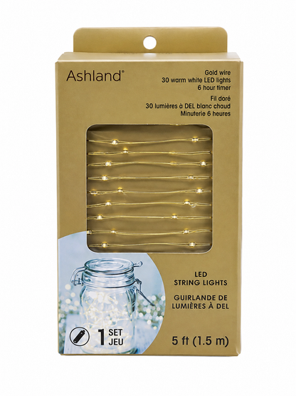 Guirnalda de 30 Luces LED Blanco Cálido con Cable Dorado, Temporizador de 6 Horas y Longitud de 1,5 m.