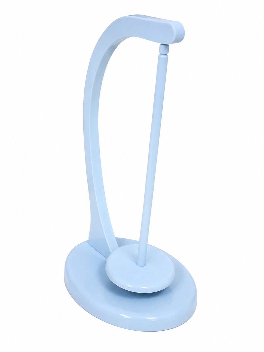 Soporte de Exposición Azul Claro con Base Ovalada y Diseño Vertical.