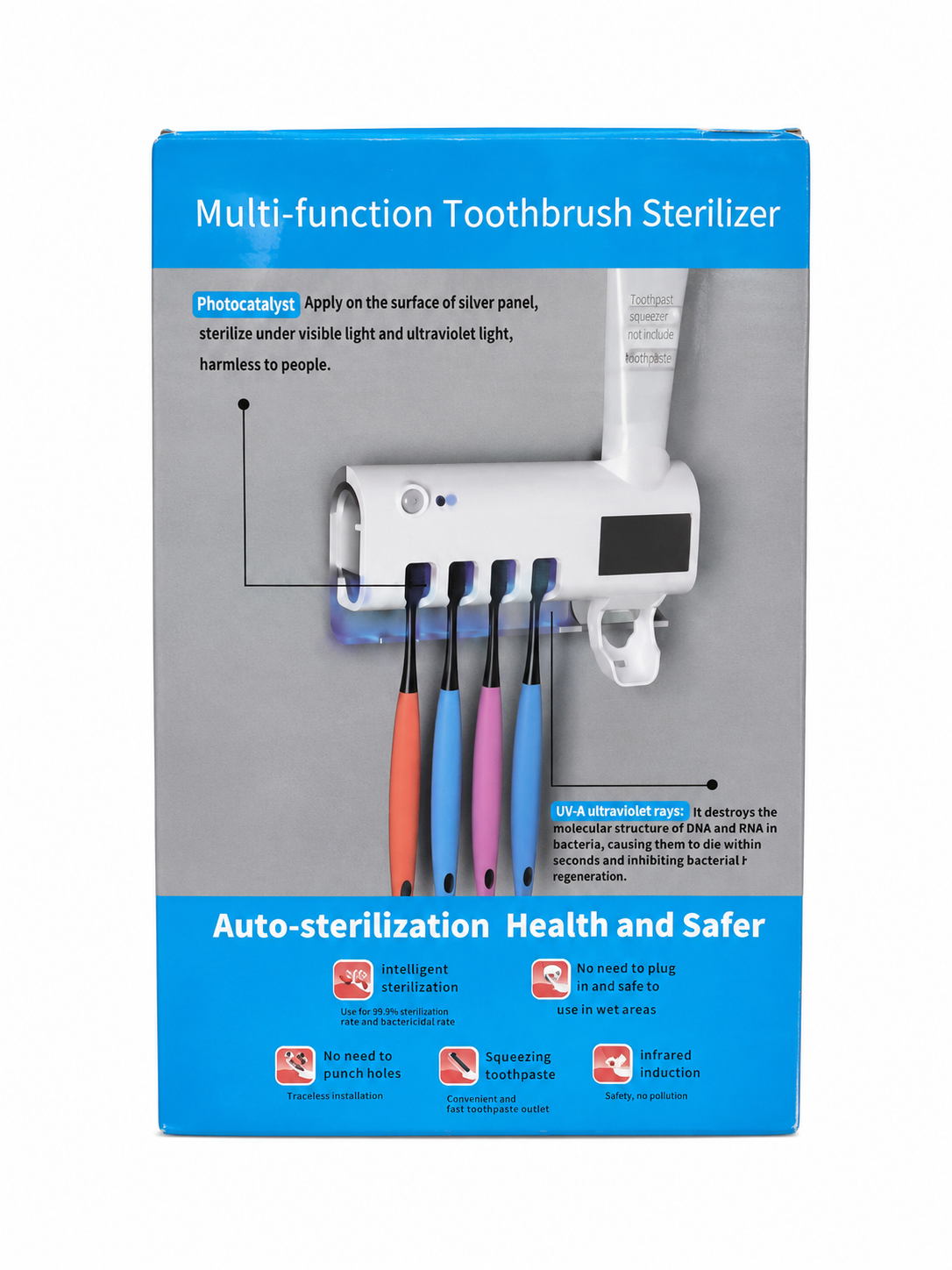 Esterilizador multifuncional para cepillos de dientes con dispensador de pasta dental para pared.