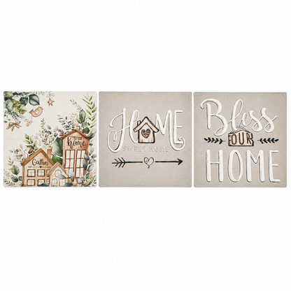 Juego de tres fundas decorativas para cojines con diseños de hogar.