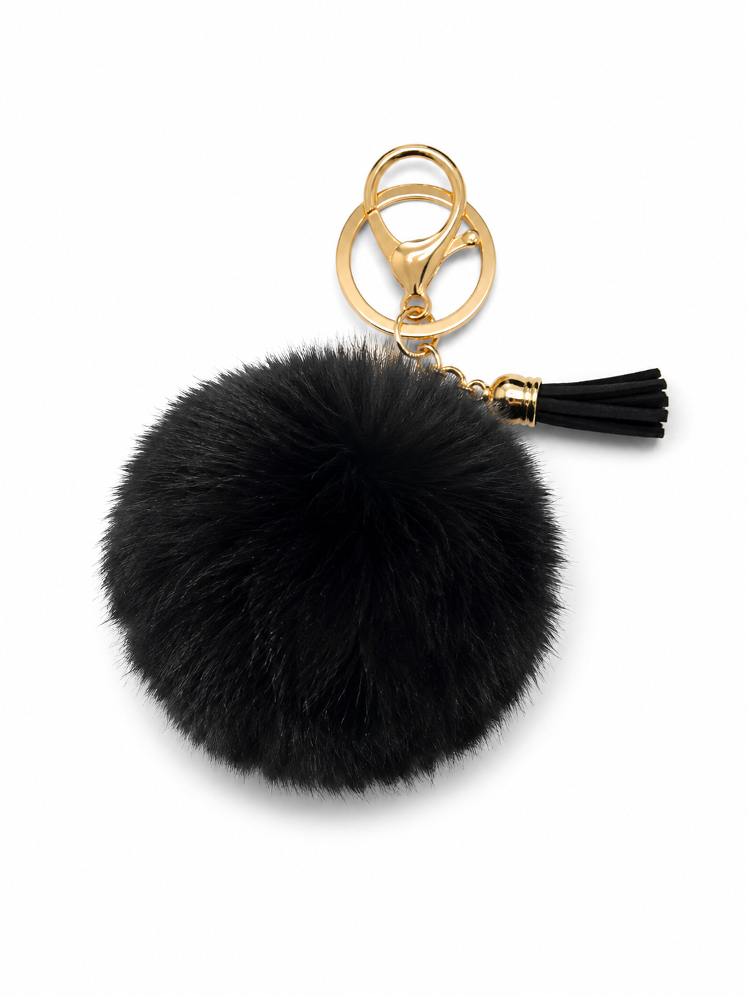 Llavero con Pompón Negro, Borla Decorativa y Herrajes Dorados.