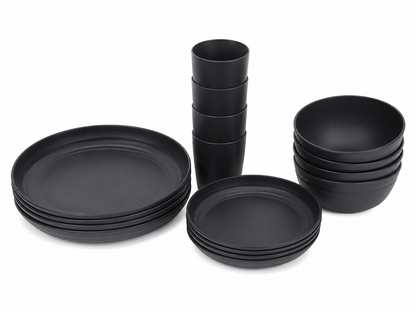 Juego de Vajilla Negra con Platos, Tazones y Vasos de Acabado Mate.
