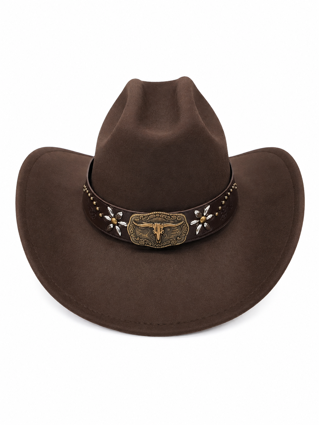 Sombrero vaquero marrón con banda decorativa y hebilla estilo western.
