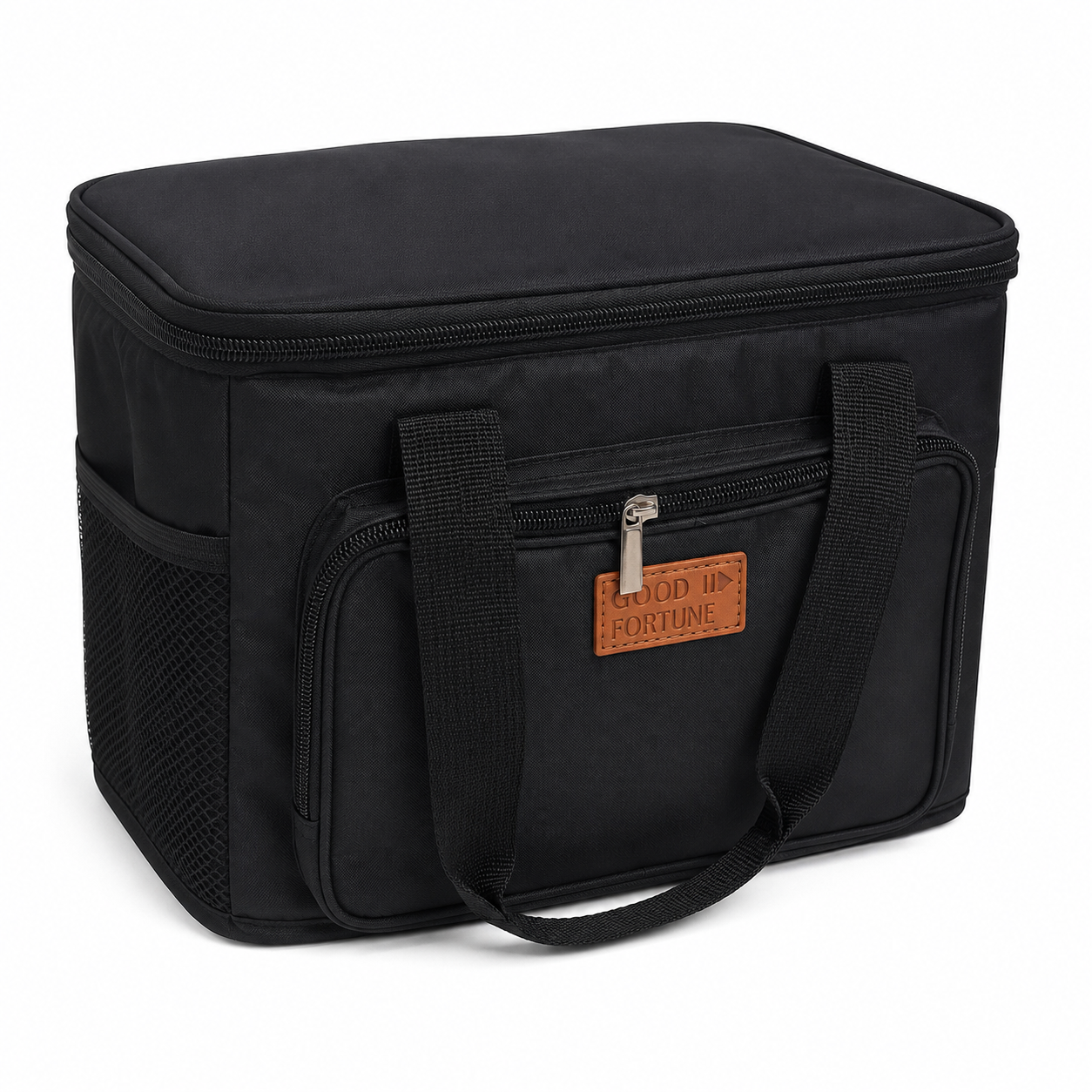 Bolsa térmica portátil negra con bolsillo frontal y asas de transporte.