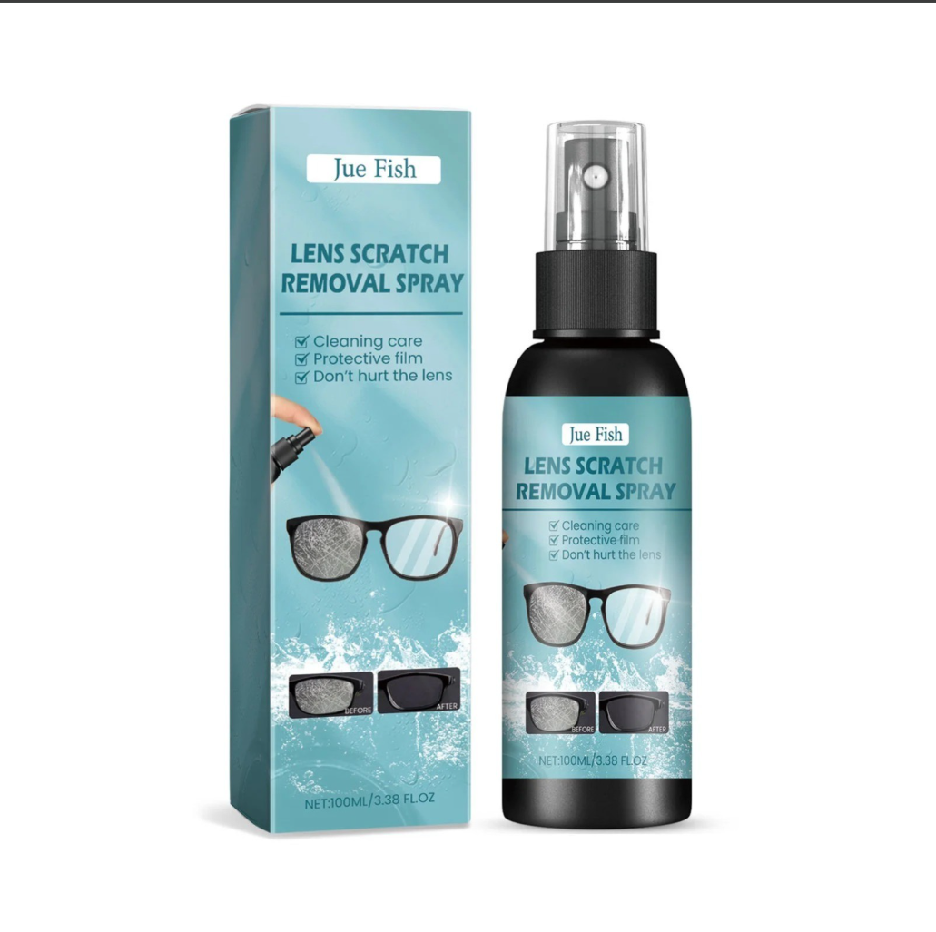 Spray diseñado para limpiar y eliminar rayones leves en lentes de gafas.