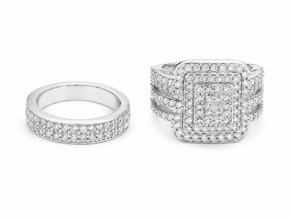 Juego de anillos color plateado con incrustaciones de cristales brillantes para pareja.