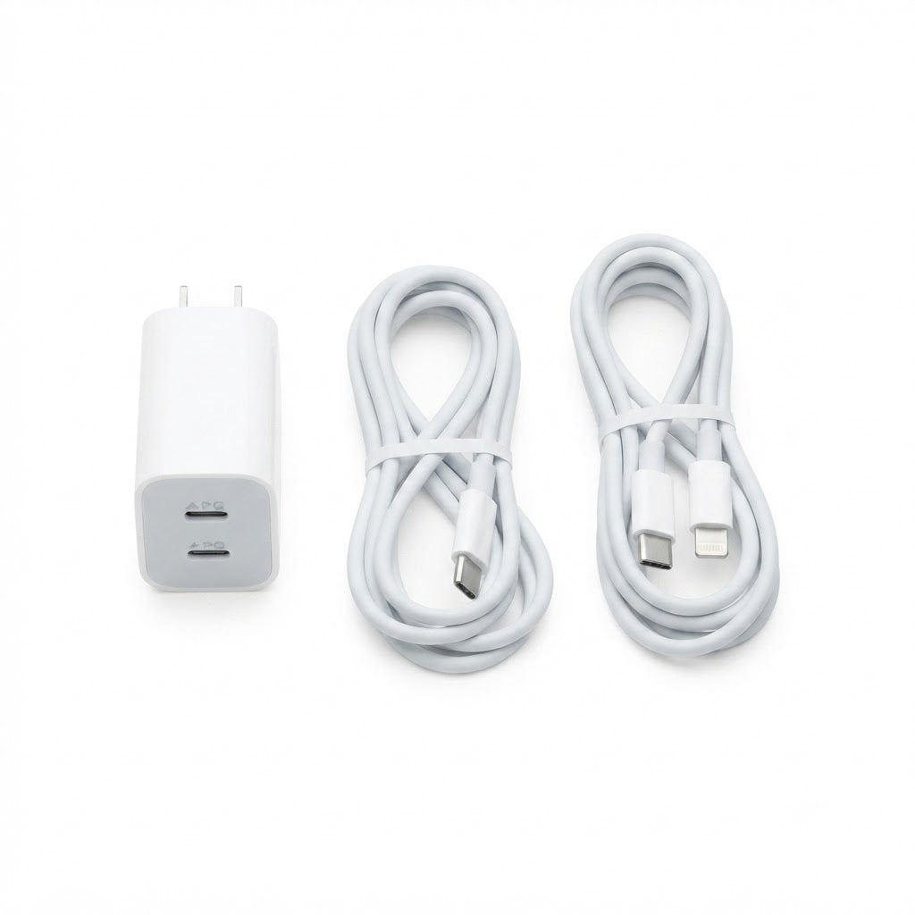 Kit incluye un adaptador de corriente USB-C con doble puerto y dos cables Lightning a USB-C para carga rápida.