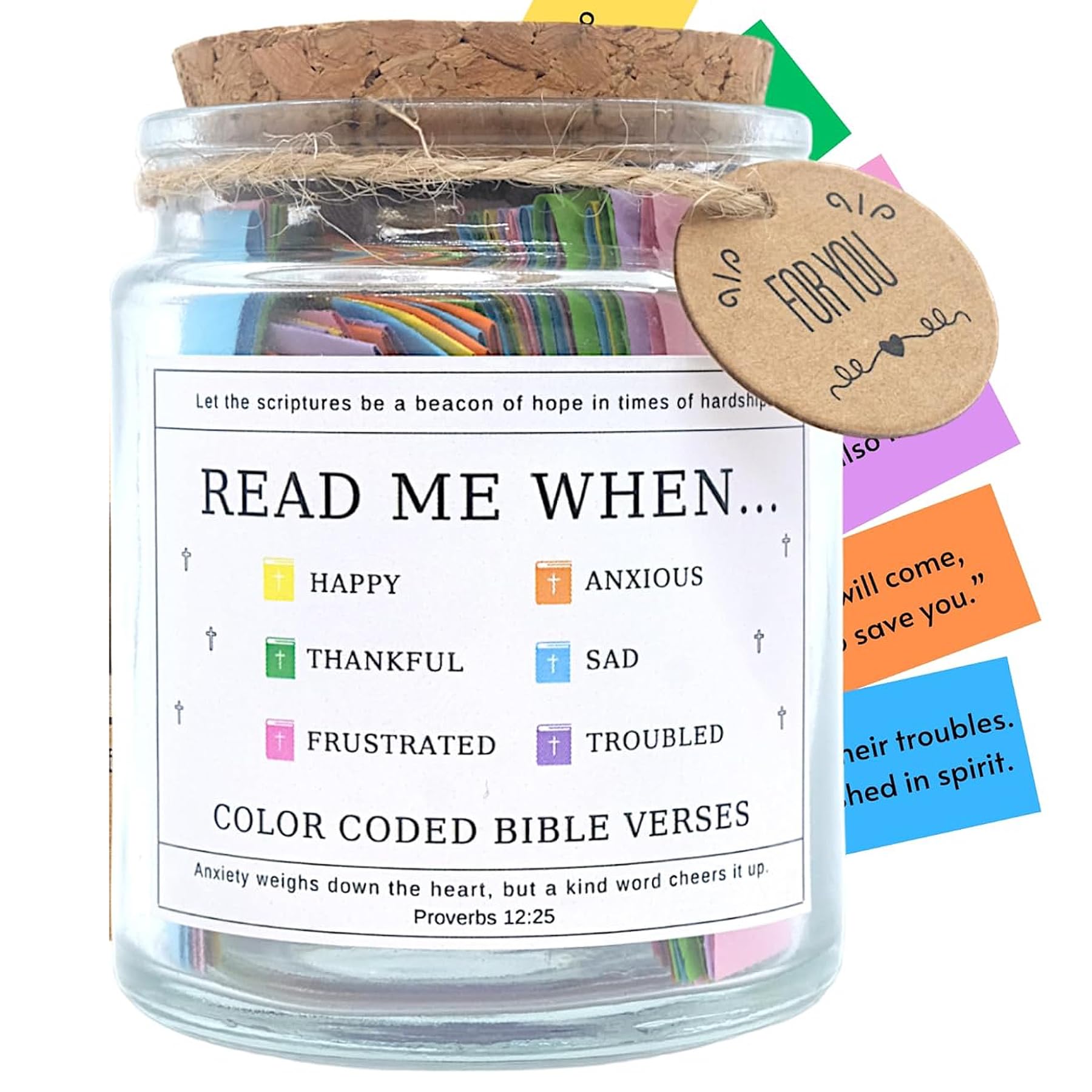 Regalo cristiano que contiene versículos bíblicos codificados por colores para diferentes emociones como felicidad, ansiedad, gratitud, tristeza, frustración o problemas.