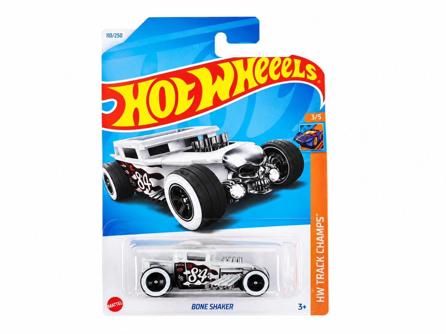 Carro de colección a escala Bone Shaker en color blanco con detalles negros y diseño de calavera.