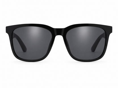 Gafas de sol unisex de montura cuadrada negra con lentes oscuros.