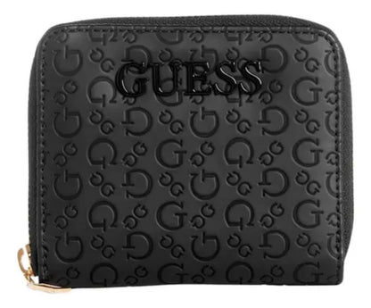 Billetera Compacta Negra con Cierre y Diseño en Relieve.
