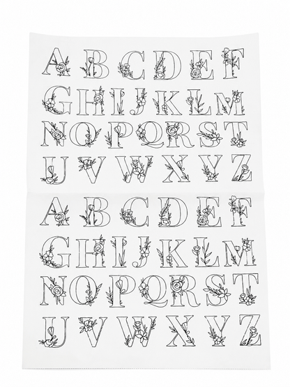 Lámina de Letras del Alfabeto con Diseños Florales Decorativos para Manualidades.