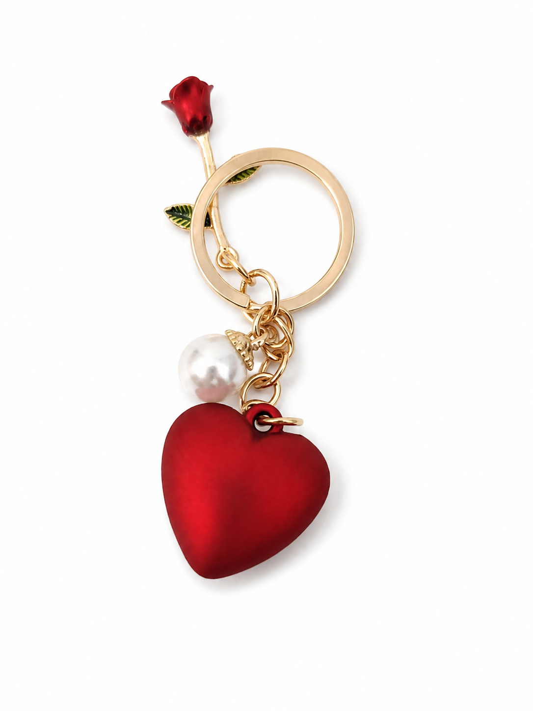 Llavero Decorativo Corazón Rojo con Rosa y Perla.
