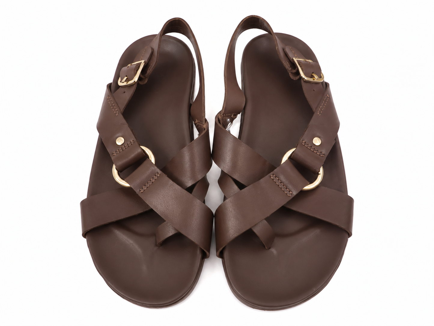 Sandalias planas de tiras cruzadas color café con hebilla ajustable para mujer, talla 6.