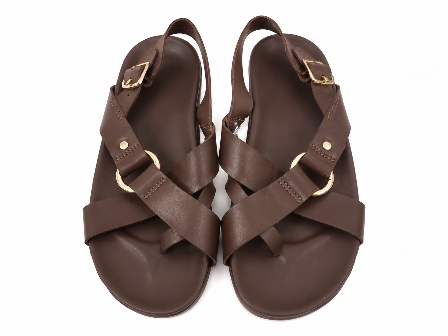 Sandalias planas de tiras cruzadas color café con hebilla ajustable para mujer, talla 6.