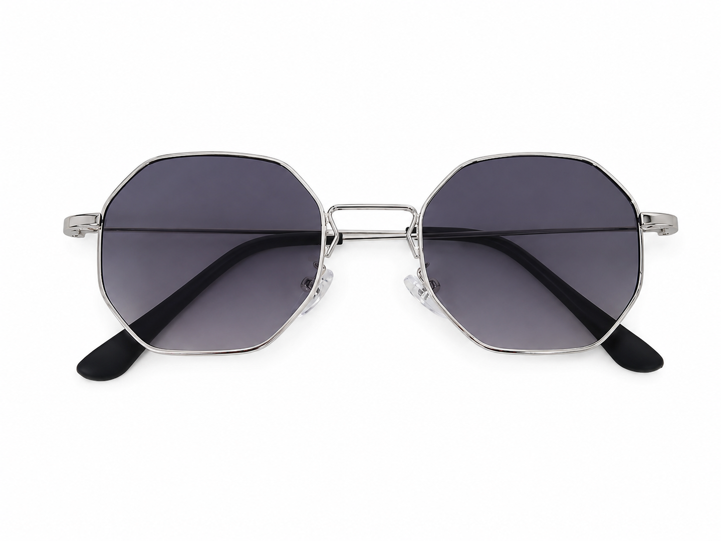 Gafas de Sol Octagonales con Montura Plateada y Lentes Degradados Gris Oscuro.