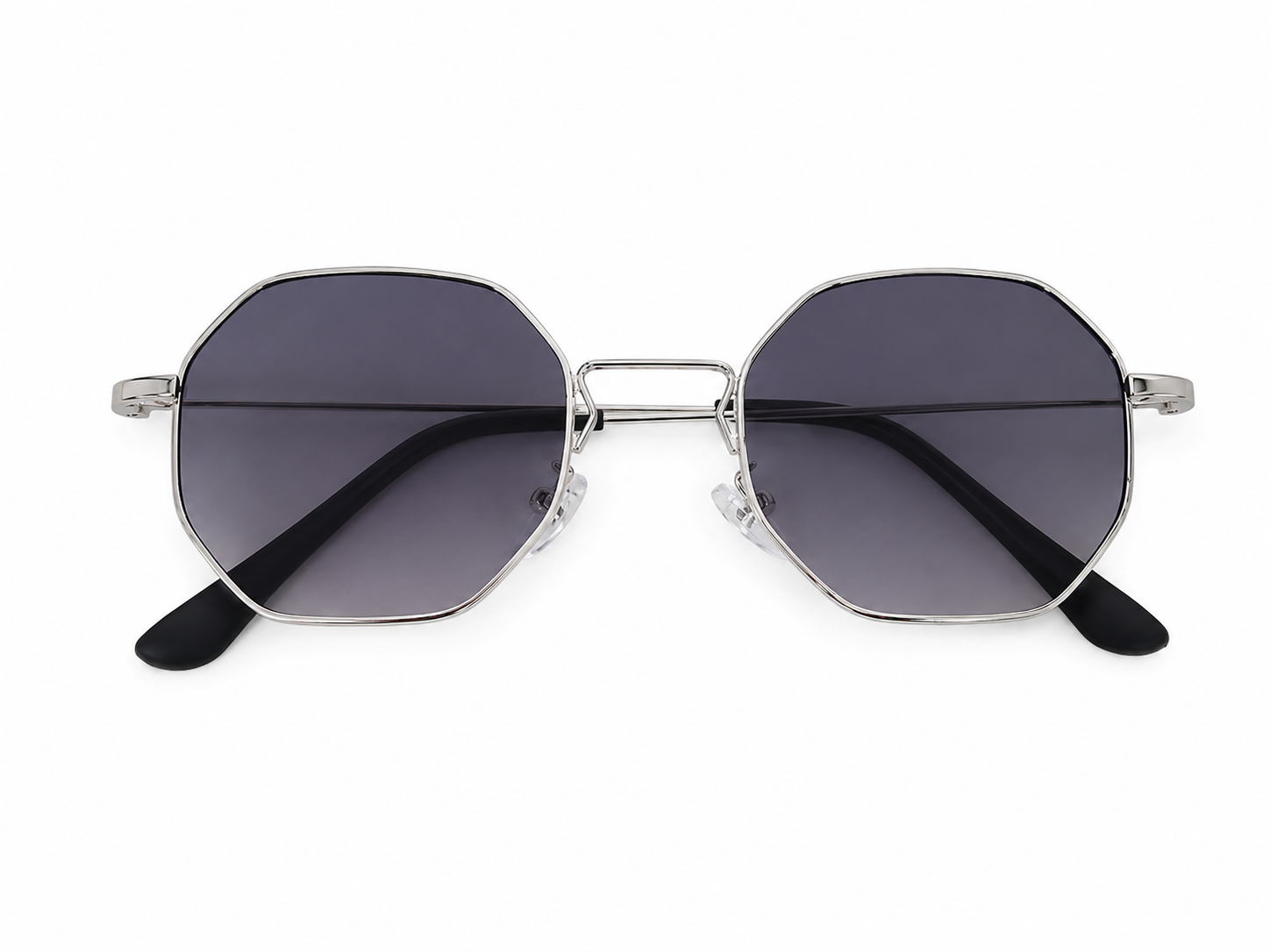 Gafas de Sol Octagonales con Montura Plateada y Lentes Degradados Gris Oscuro.
