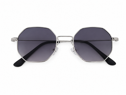 Gafas de Sol Octagonales con Montura Plateada y Lentes Degradados Gris Oscuro.