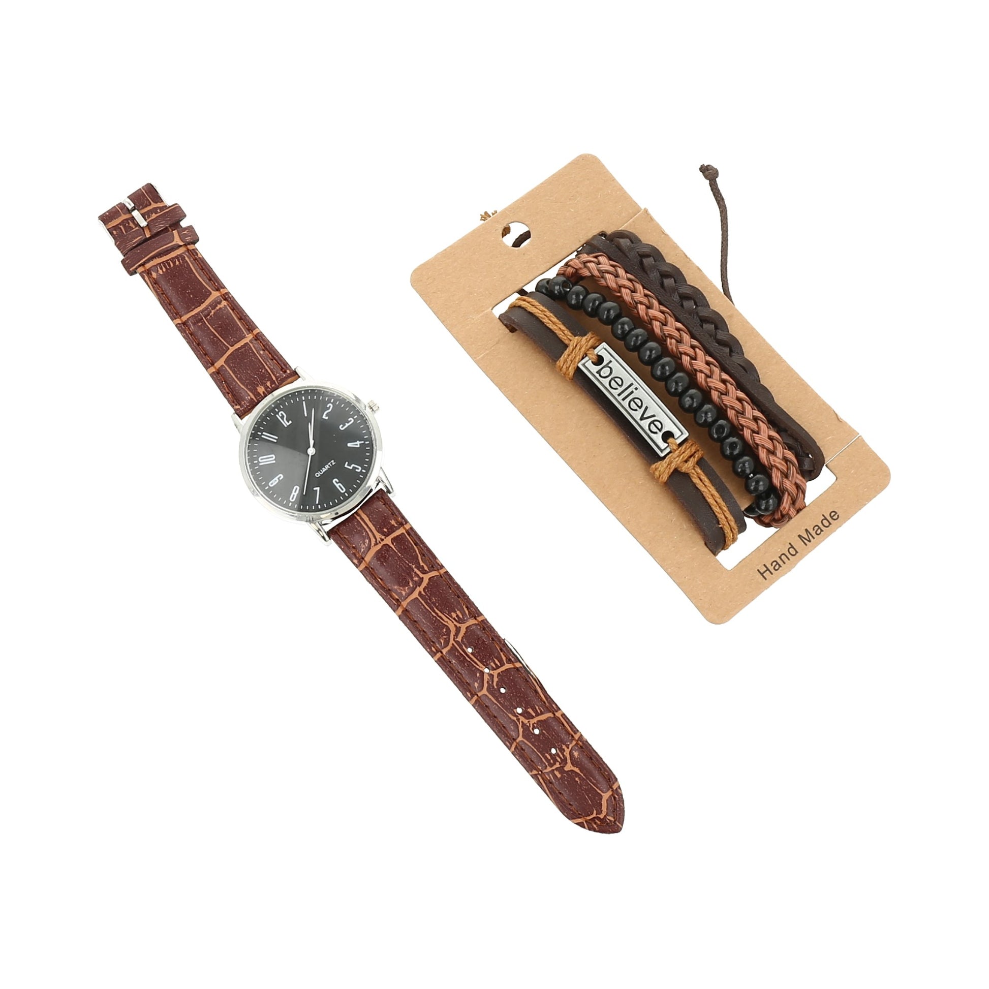 Kit de pulseras y reloj color marron