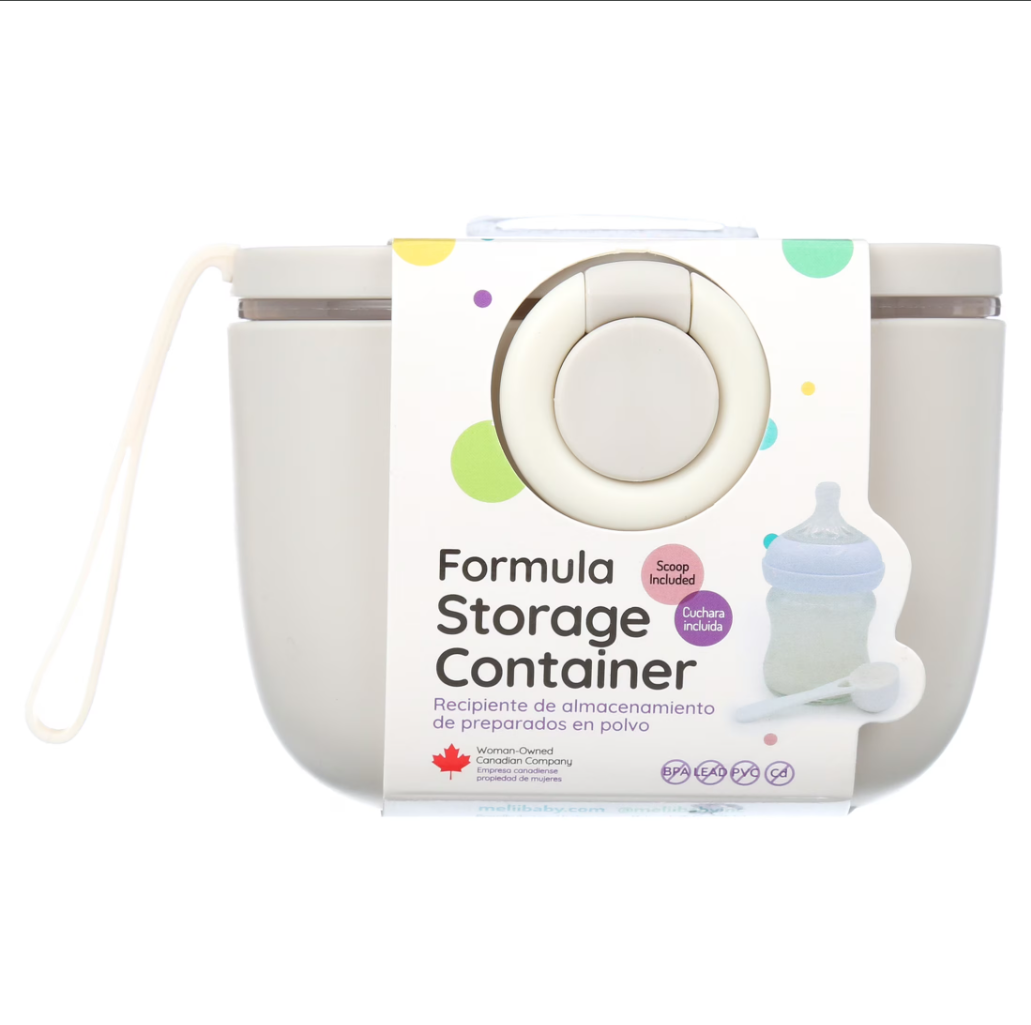Contenedor de fórmula diseñado para almacenar leche en polvo de forma segura y portátil.