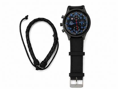 Conjunto de Reloj Analógico Negro con Pulsera Trenzada Ajustable.