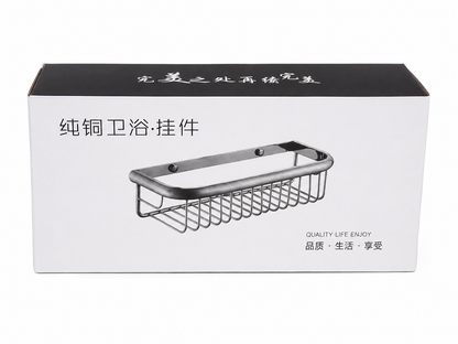 Organizador de baño tipo cesta para montaje en pared con diseño rectangular.