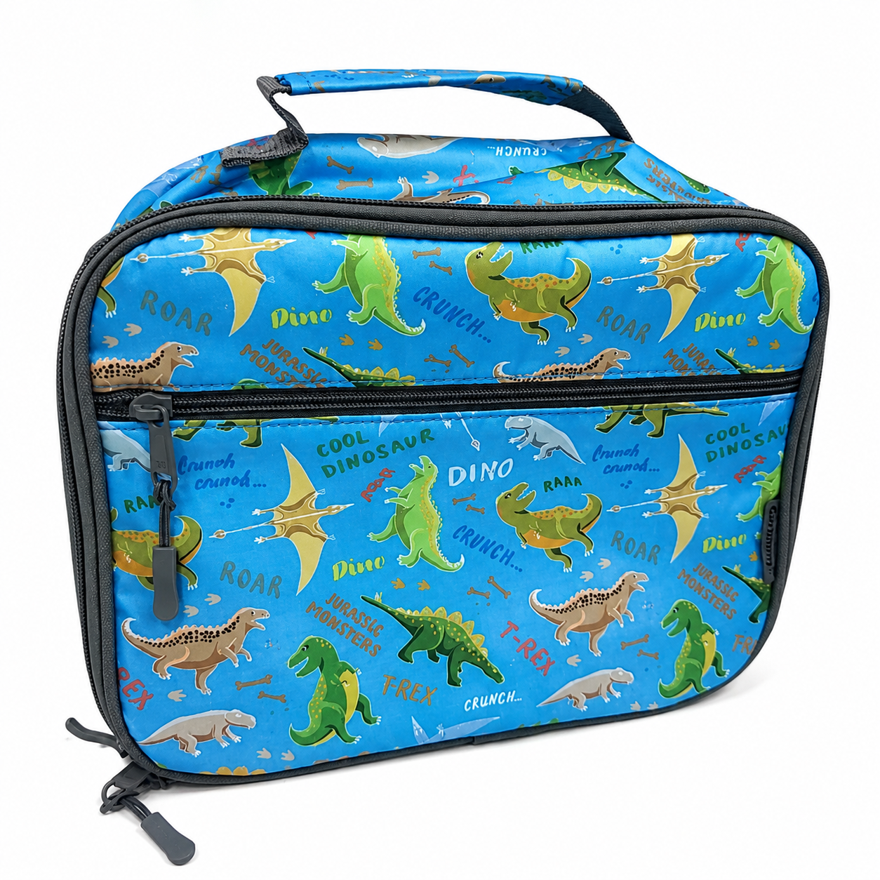 Lonchera azul con estampado de dinosaurios y bolsillo frontal.
