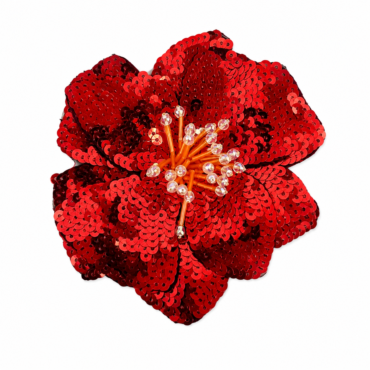 Aplique Decorativo de Flor Roja con Lentejuelas y Detalles Brillantes.
