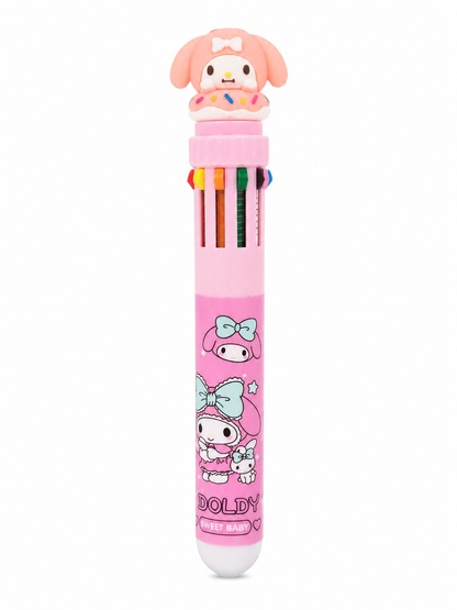 Bolígrafo retráctil multicolor con diseño de personaje en color rosa.
