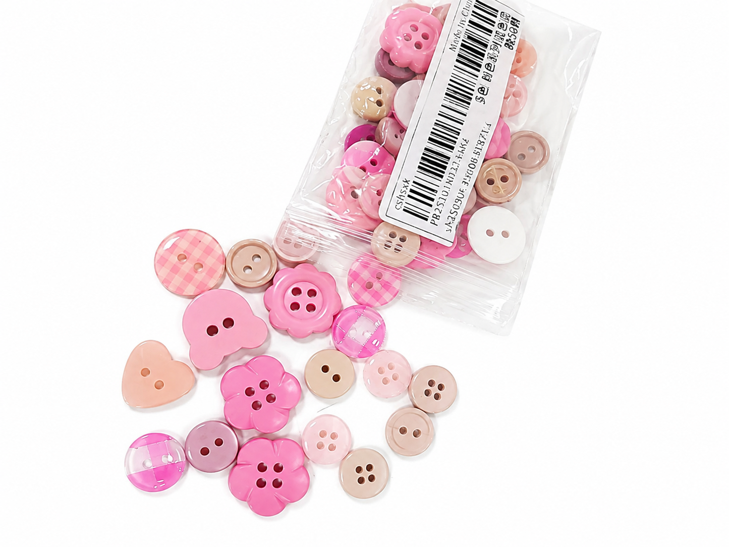Set de 50 Botones Decorativos Rosados y Beige con Diseños Variados para Manualidades.