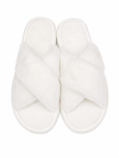 Pantuflas afelpadas color blanco con diseño cruzado de punta abierta, talla 38.