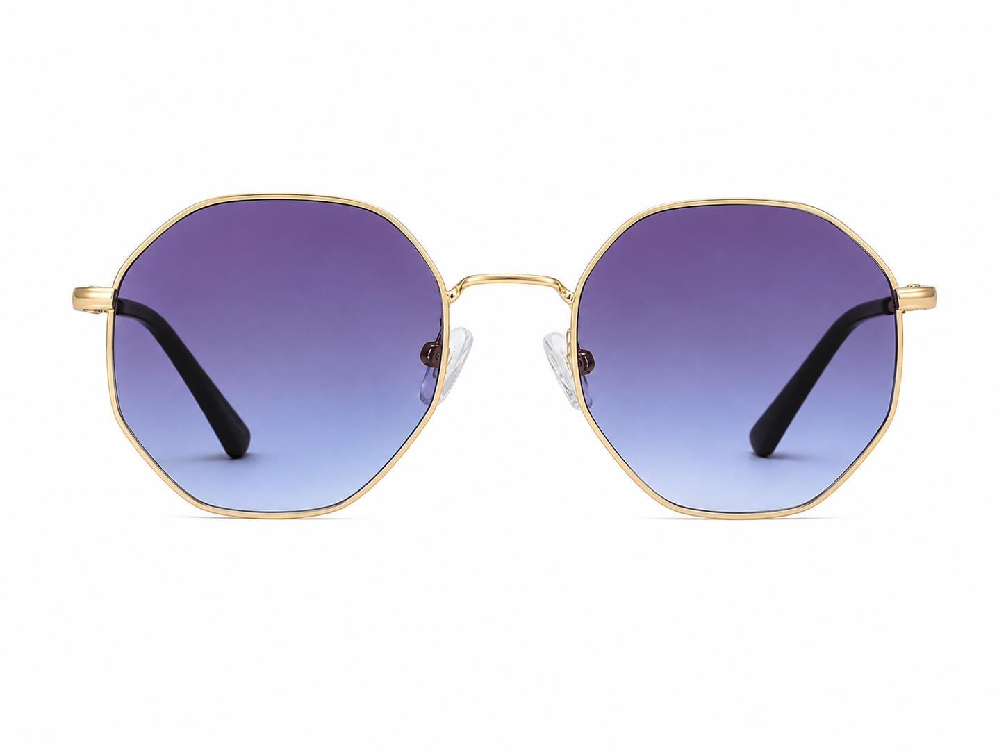 Gafas de Sol Octagonales con Montura Metálica Dorada y Lentes Degradados Azul Morado.