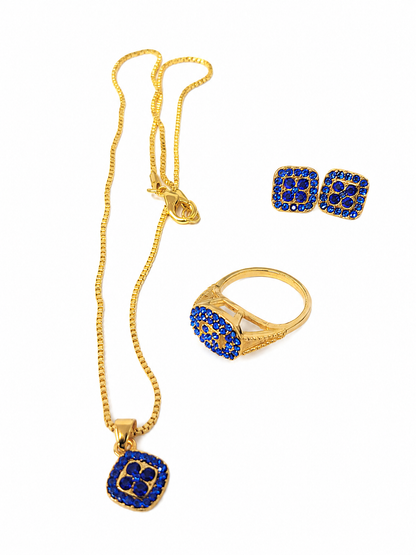 Set de Joyería con Collar, Anillo y Aretes Color Dorado con Cristales Azules.