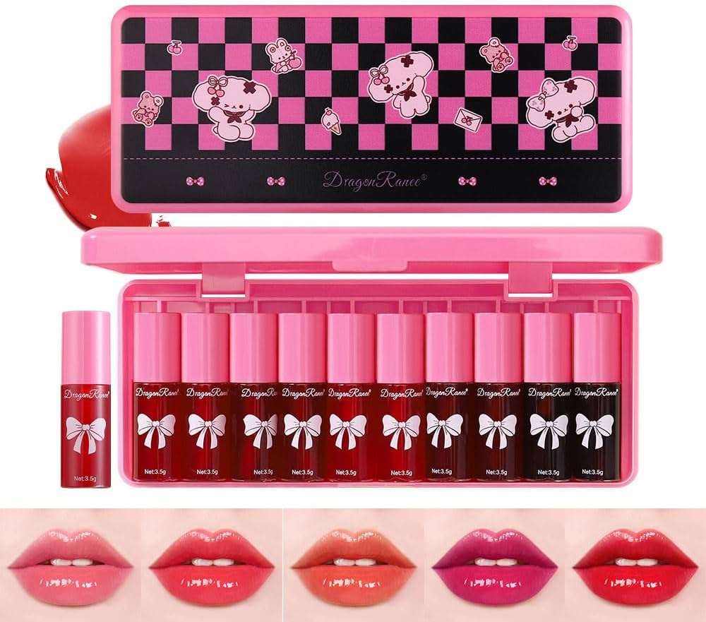 Kit de maquillaje que incluye 10 mini tintas de labios en tonos rojos y rosados.