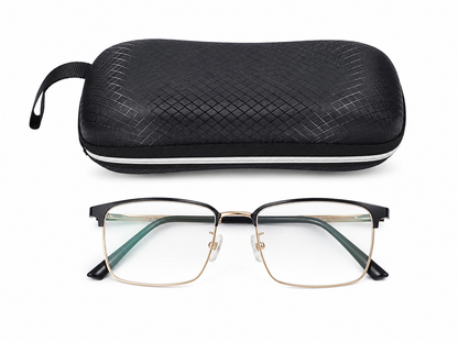 Lentes graduados de media montura con estuche rígido color negro.