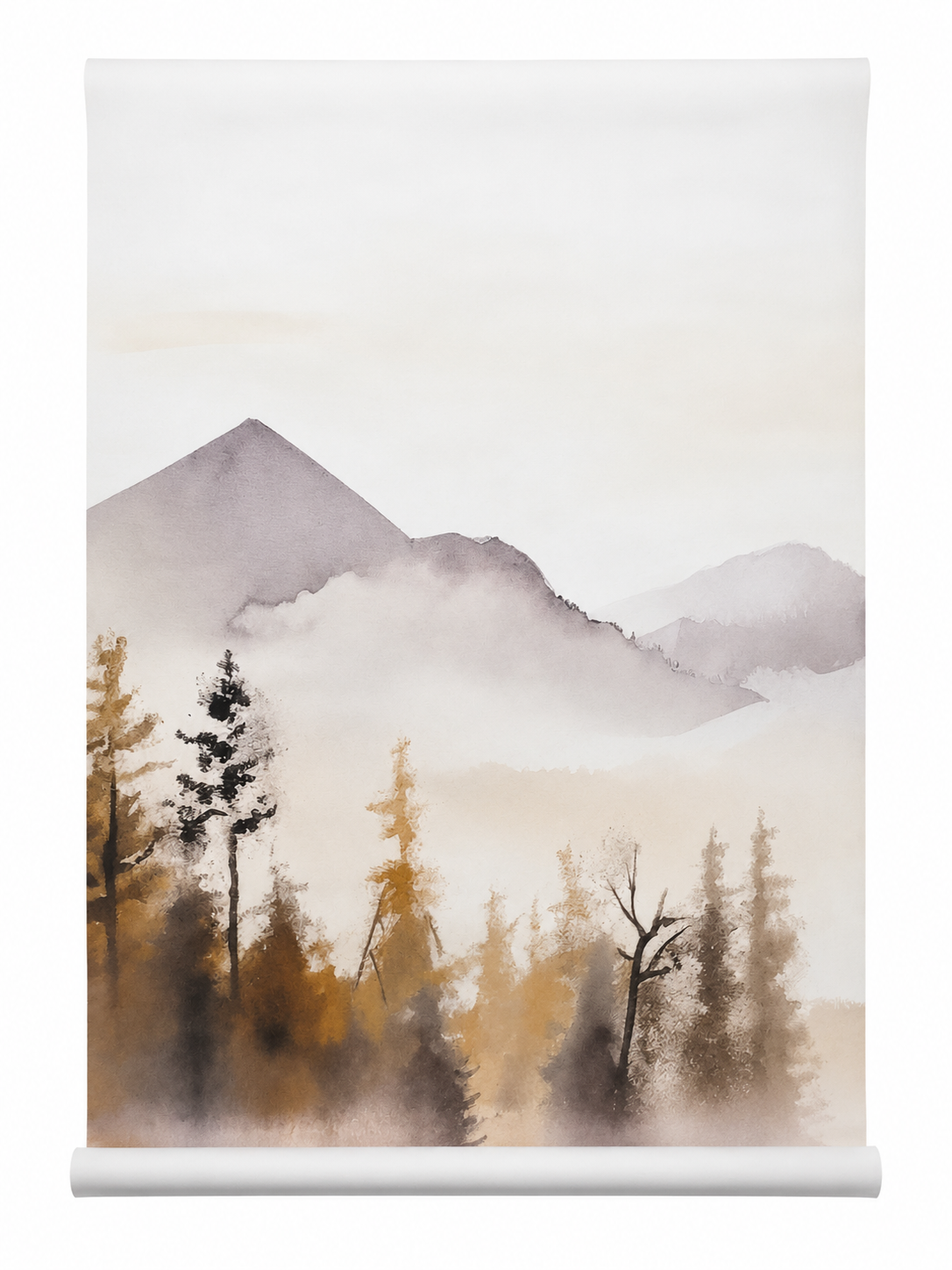 Papel Tapiz Decorativo con Paisaje de Montañas y Bosque en Acuarela (50x70cm).