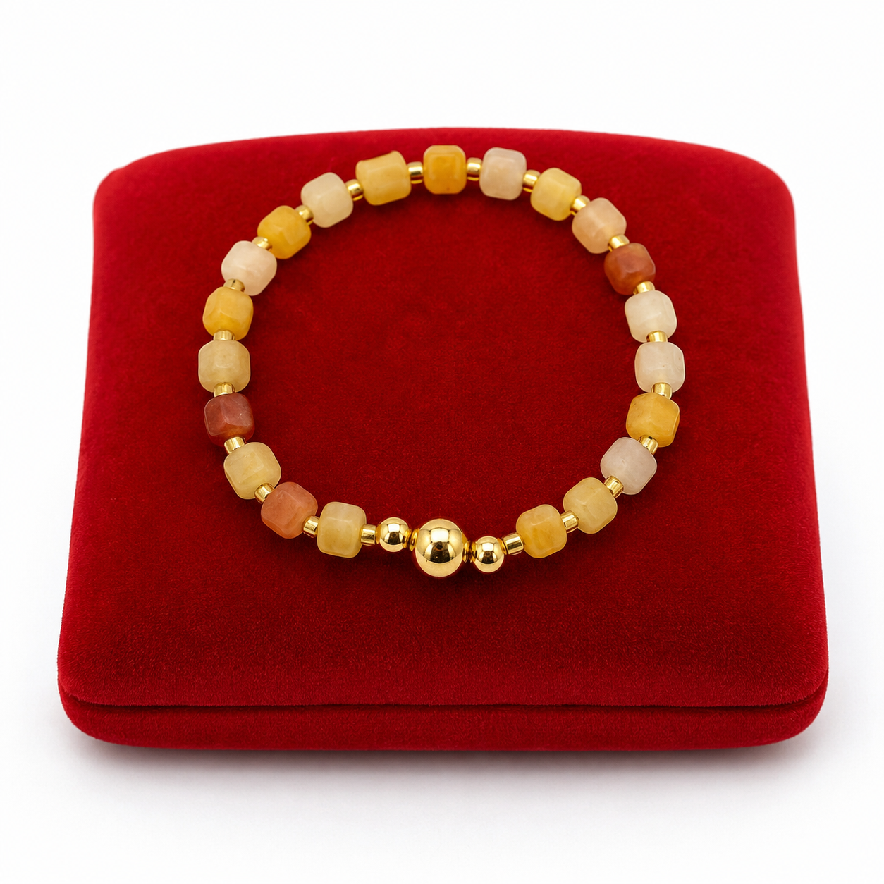 Pulsera Elástica de Cuentas Facetadas en Tonos Beige y Ámbar con colores Dorados.