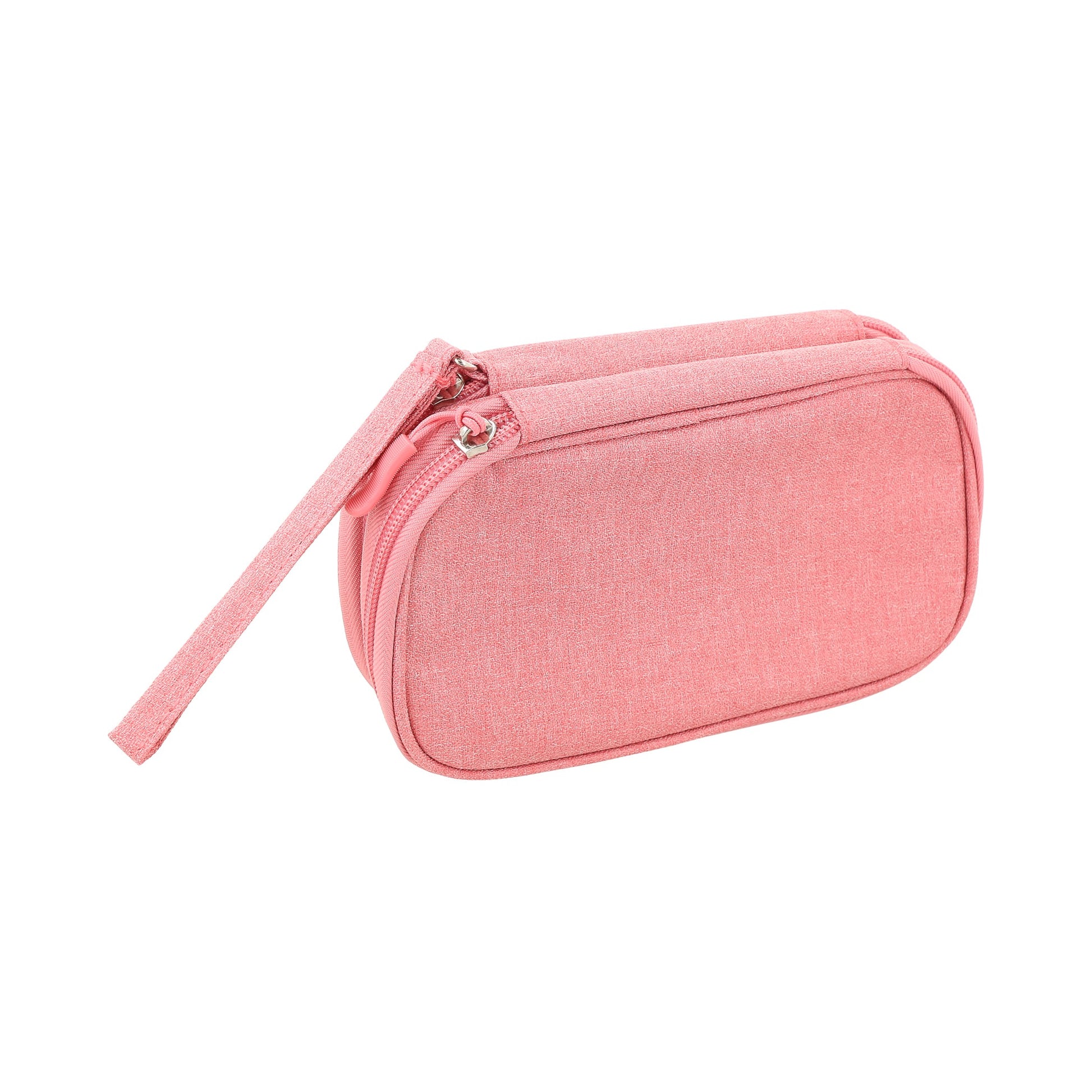 estuche organizador de color rosa con doble cremallera,