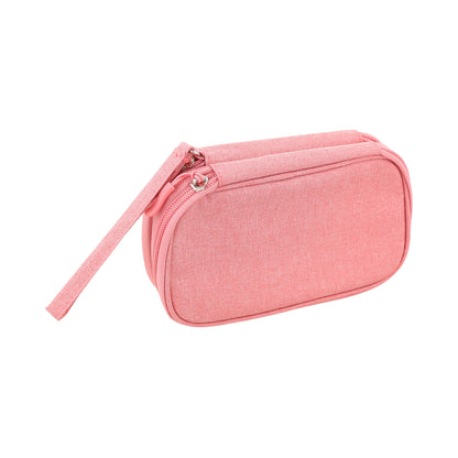 estuche organizador de color rosa con doble cremallera,